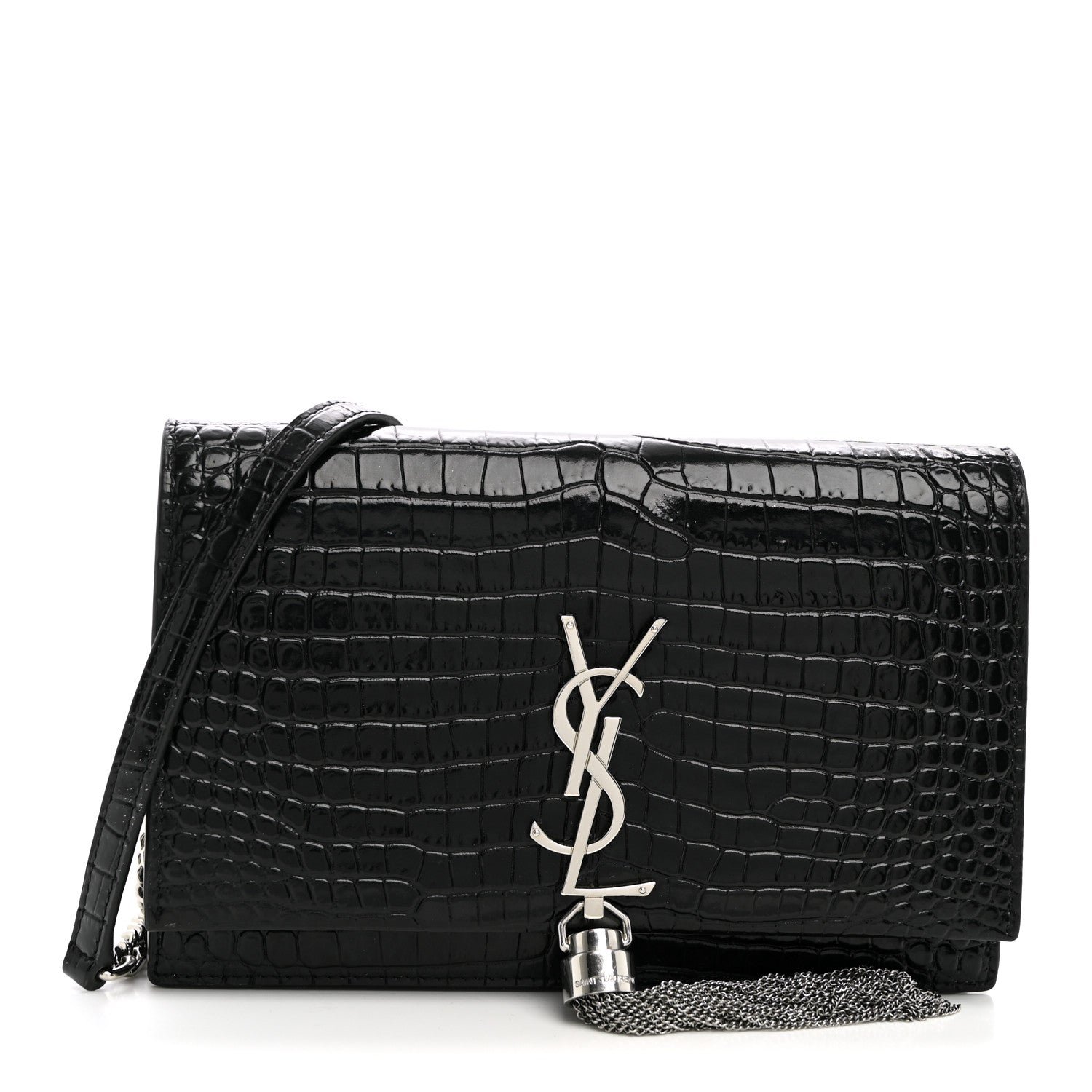 Saint Laurent Calfskin Crocodile Embossed Kate Monogram Tassel Chain Wallet Black