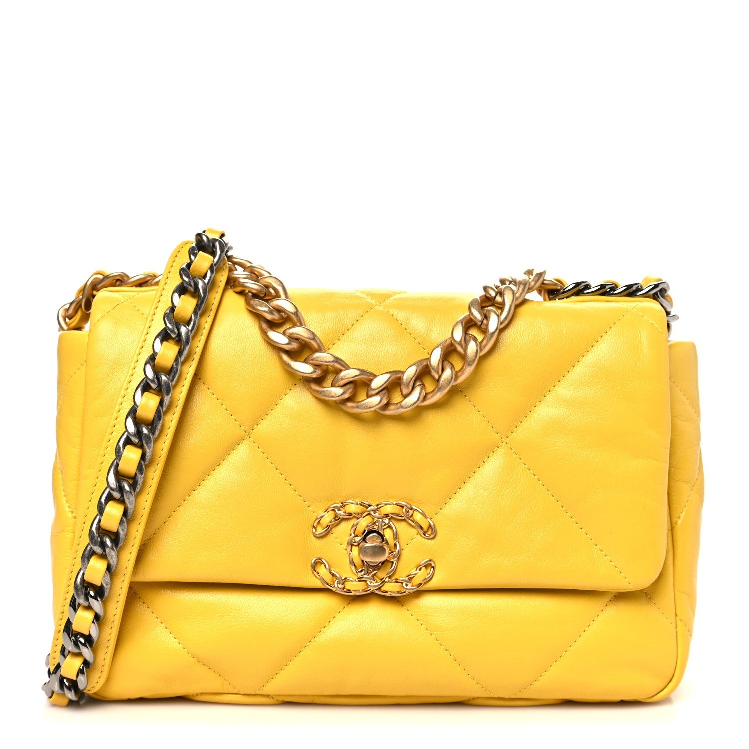 Chanel Shiny Goatskin Quilted Medium Chanel 19 Flap Yellow