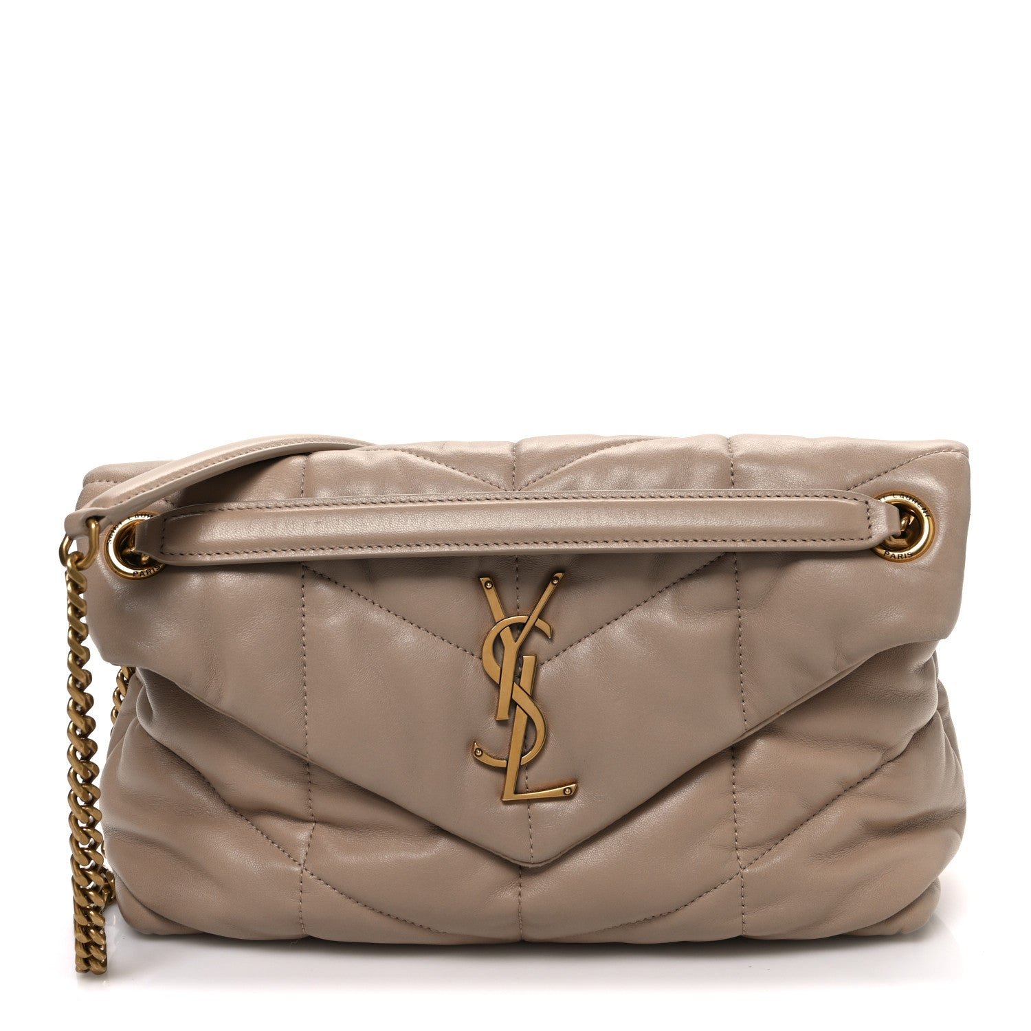Saint Laurent Lambskin Quilted Small Loulou Puffer Monogram Chain Satchel Dark Beige