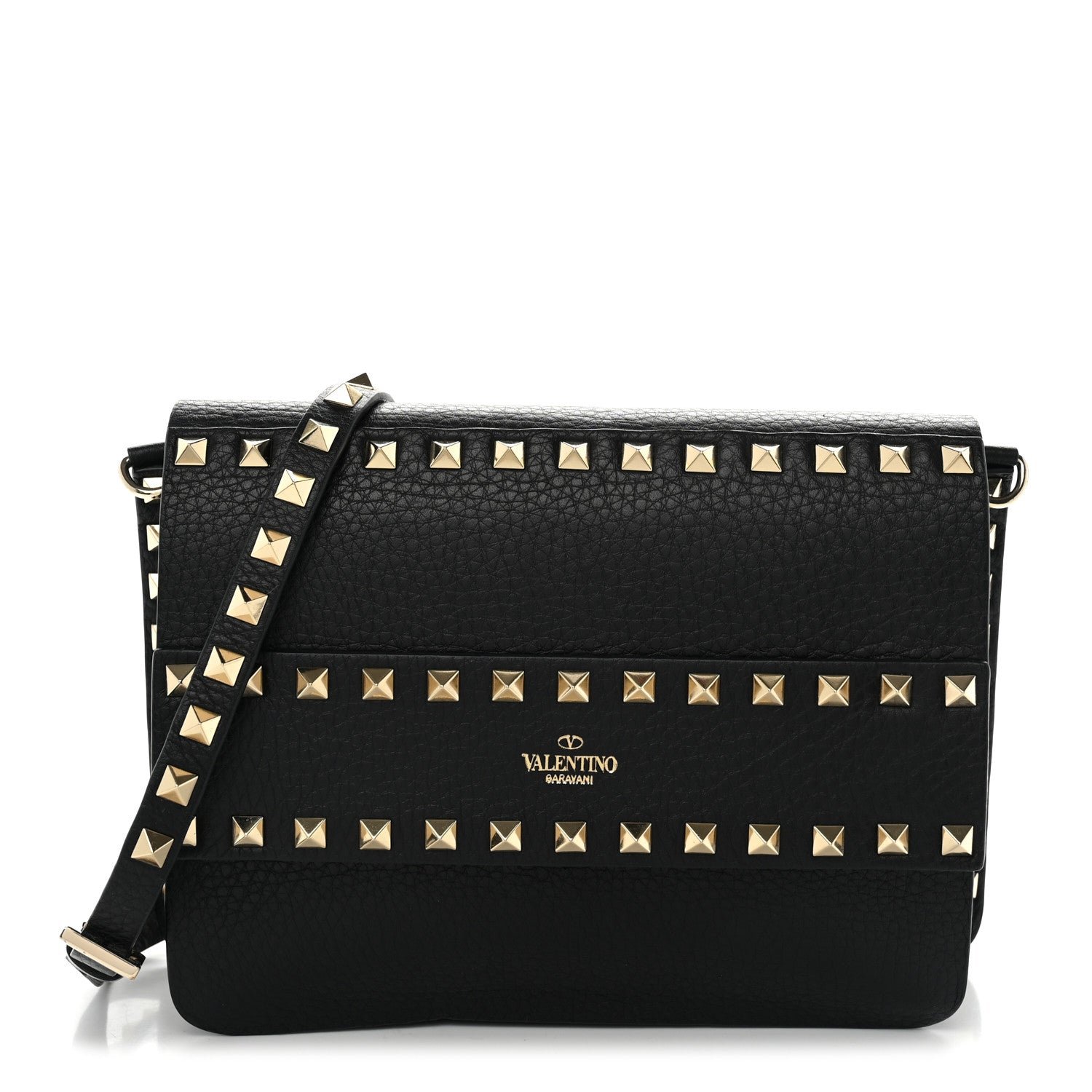 Valentino Garavani Grainy Calfskin Rockstud Flap Crossbody Bag Black