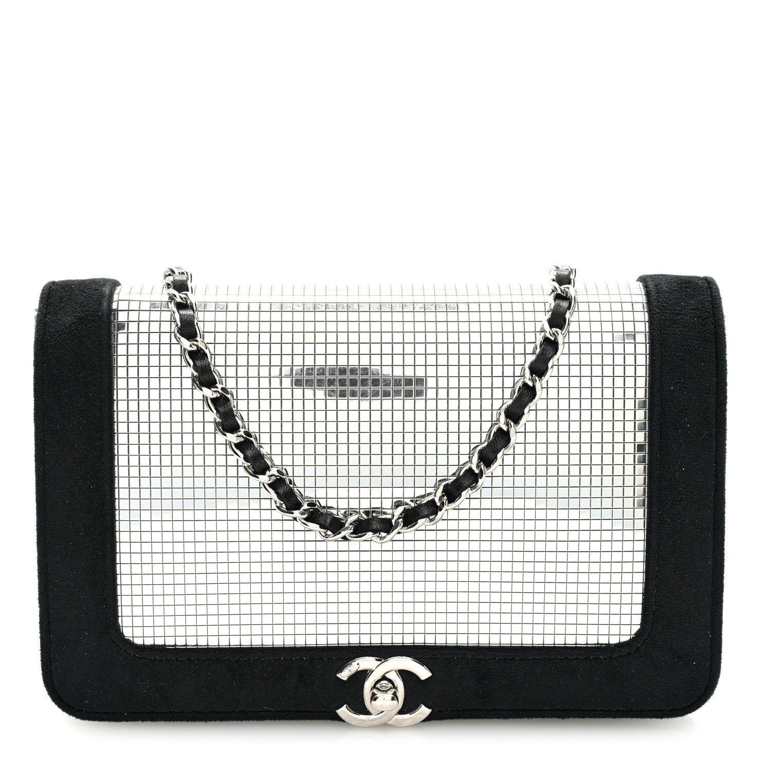 Chanel Velvet Mirror Embellished Boy Wallet On Chain WOC Argent