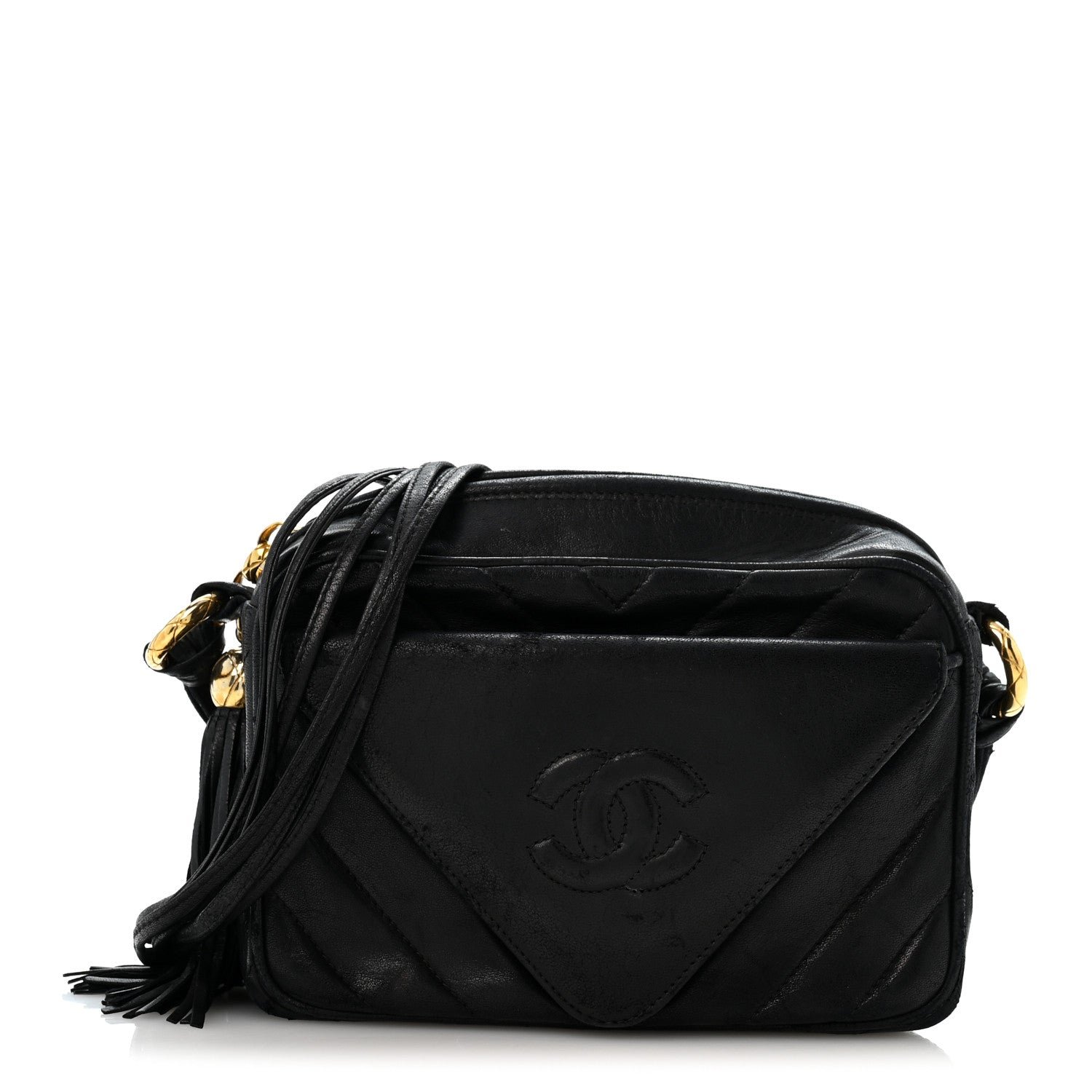 Chanel Lambskin Chevron Quilted Tassel Camera Case Black