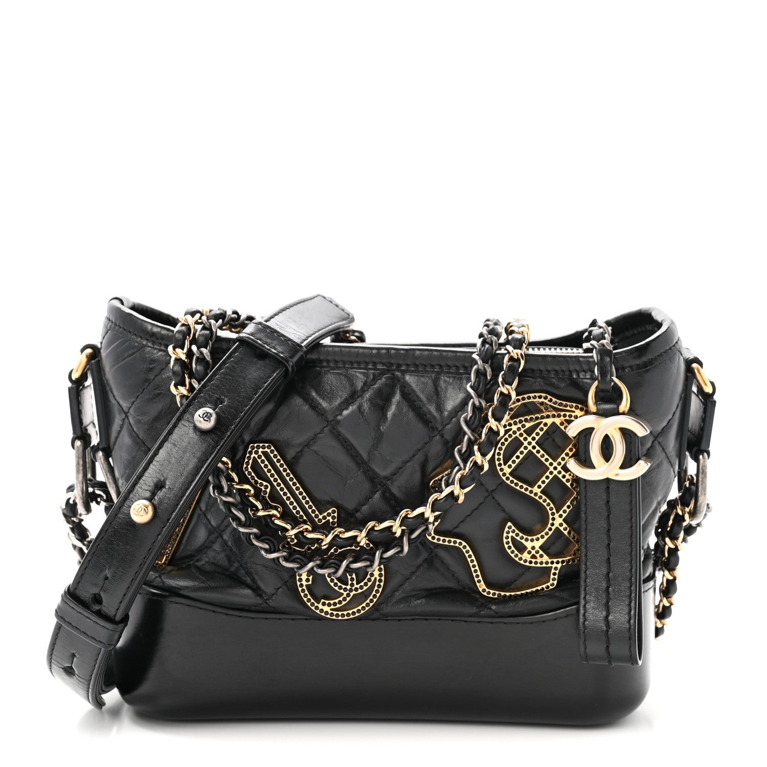 Chanel Aged Calfskin Quilted Charms Small Gabrielle Hobo Black