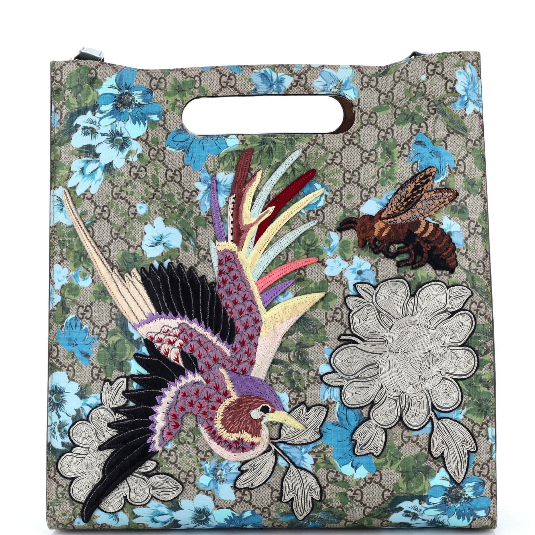 Cut Out Handle Convertible Tote Embroidered Blooms Print GG Coated Canvas and Leather