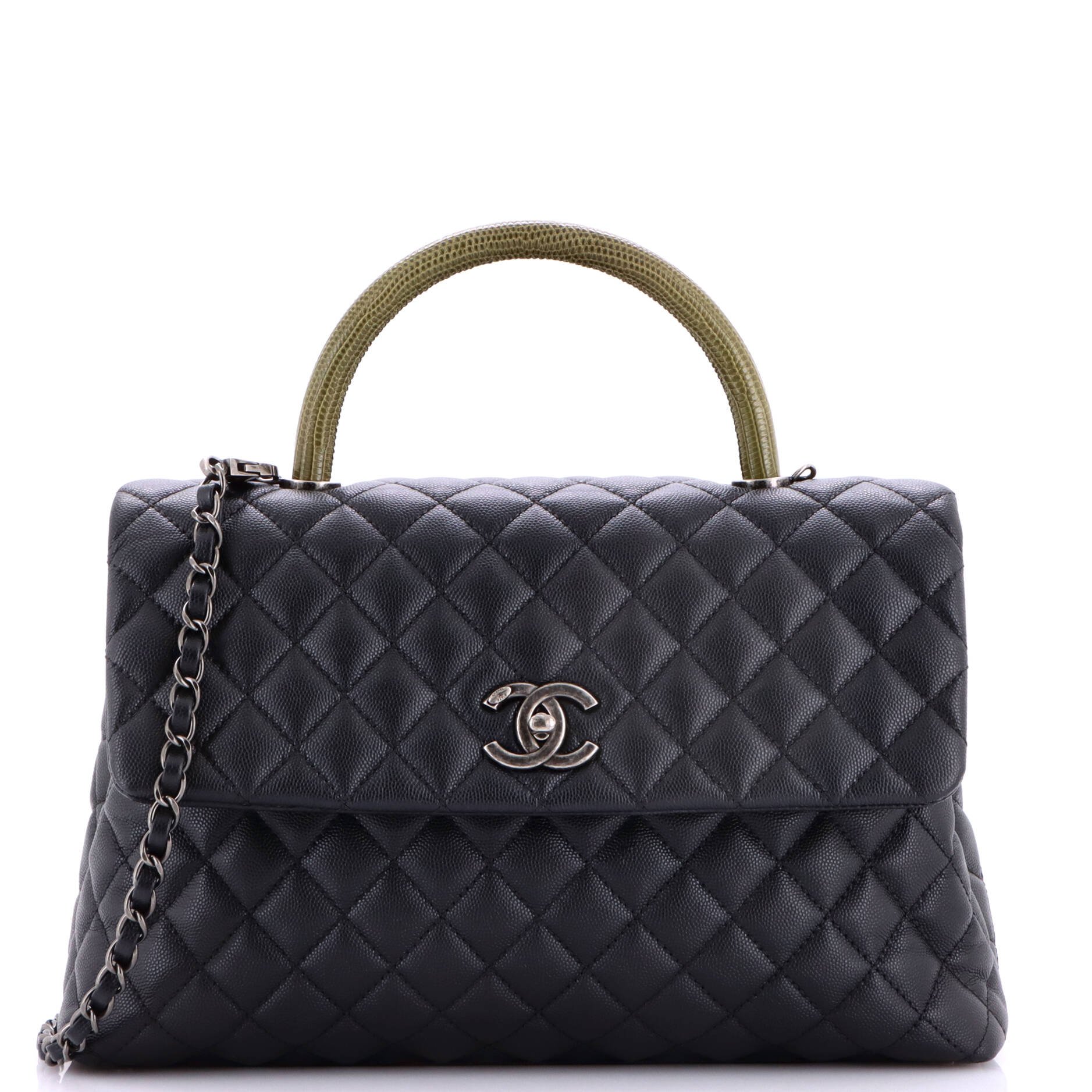 Coco Top Handle Bag Quilted Caviar with Lizard Medium