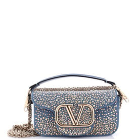 Valentino Garavani VLogo Loco Flap Shoulder Bag Crystal Embellished Denim Small