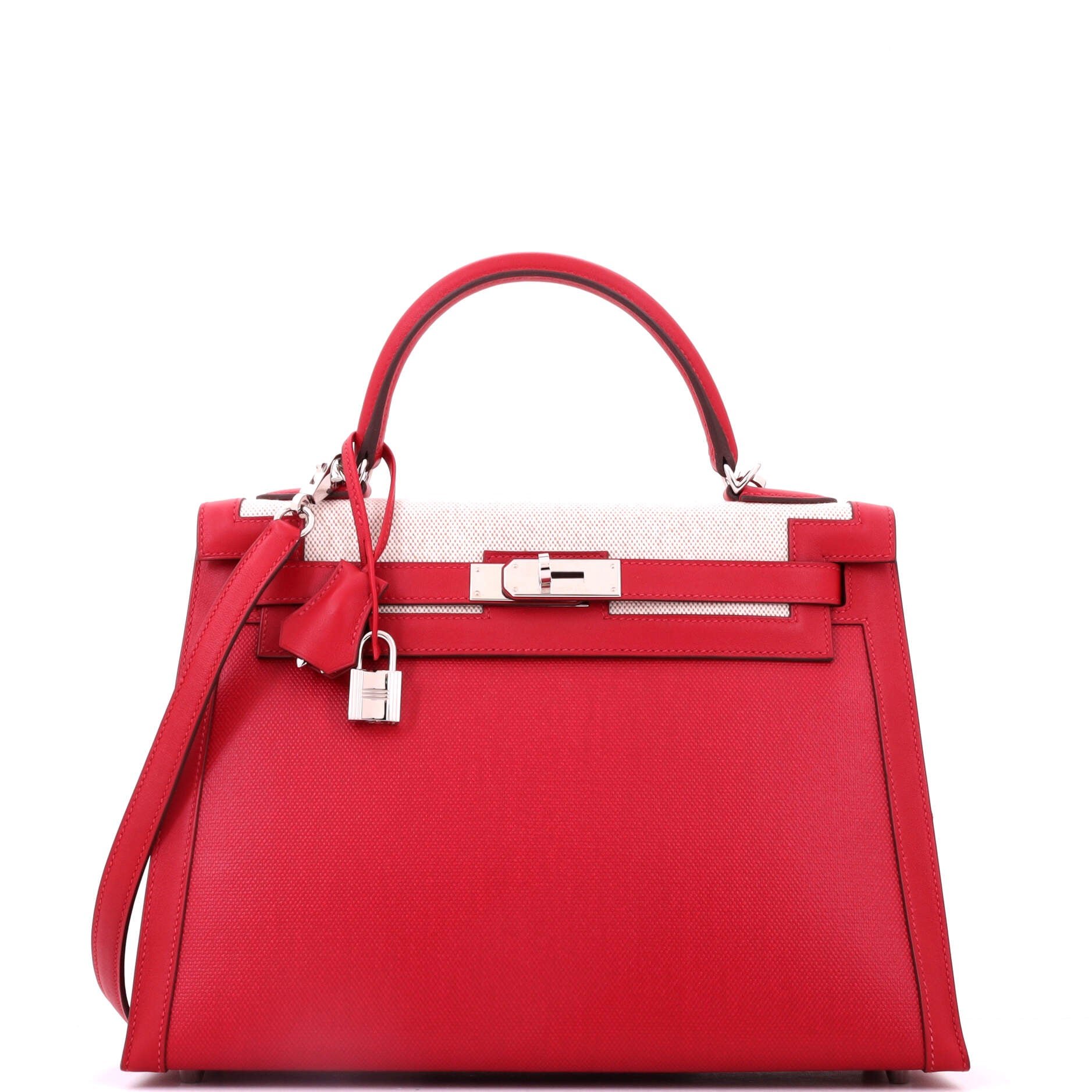 Hermes Kelly Handbag Rouge Piment Berline Vache Canvas with Swift and Toile with Palladium Hardware 32
