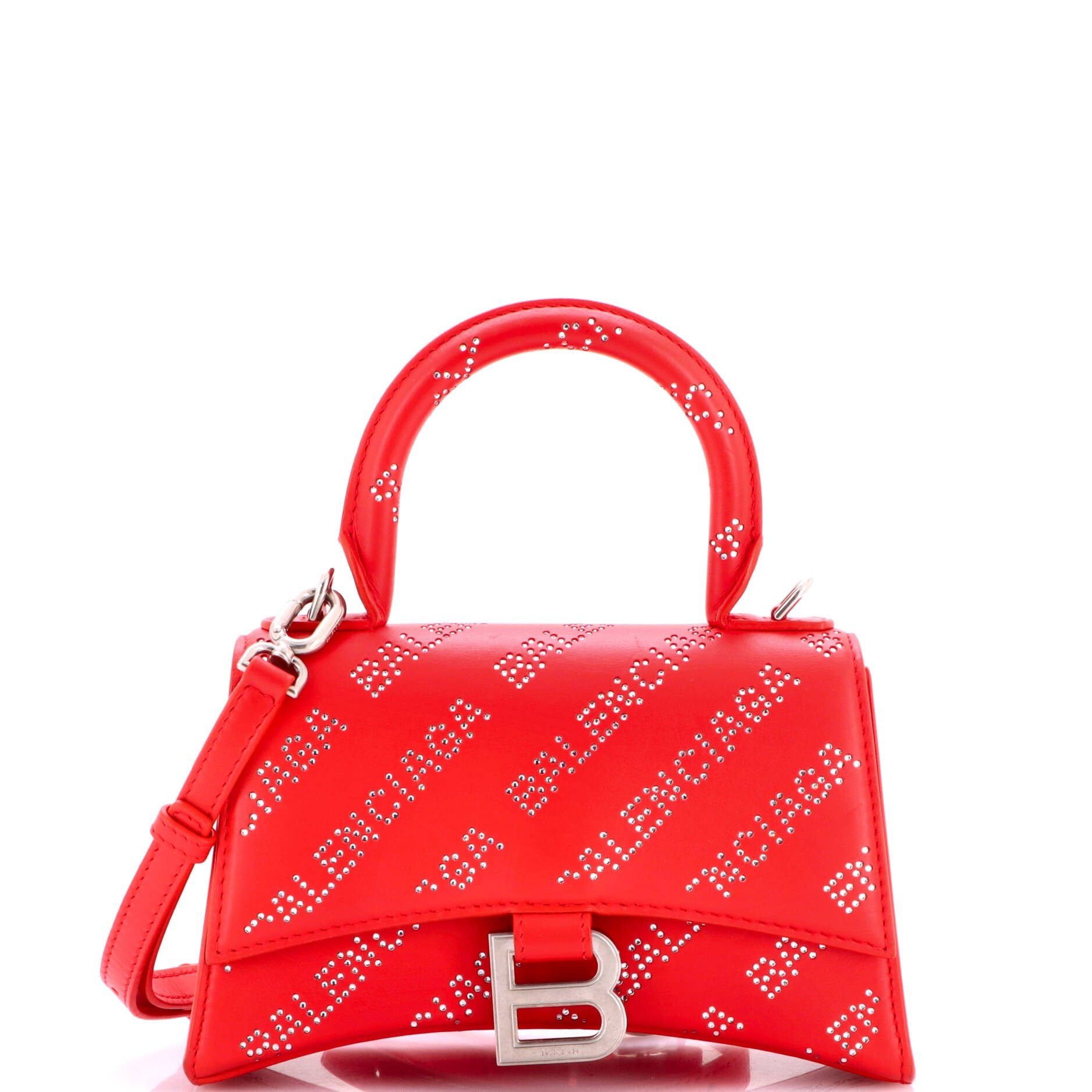 Hourglass Top Handle Bag Leather with Allover Logo Crystals XS