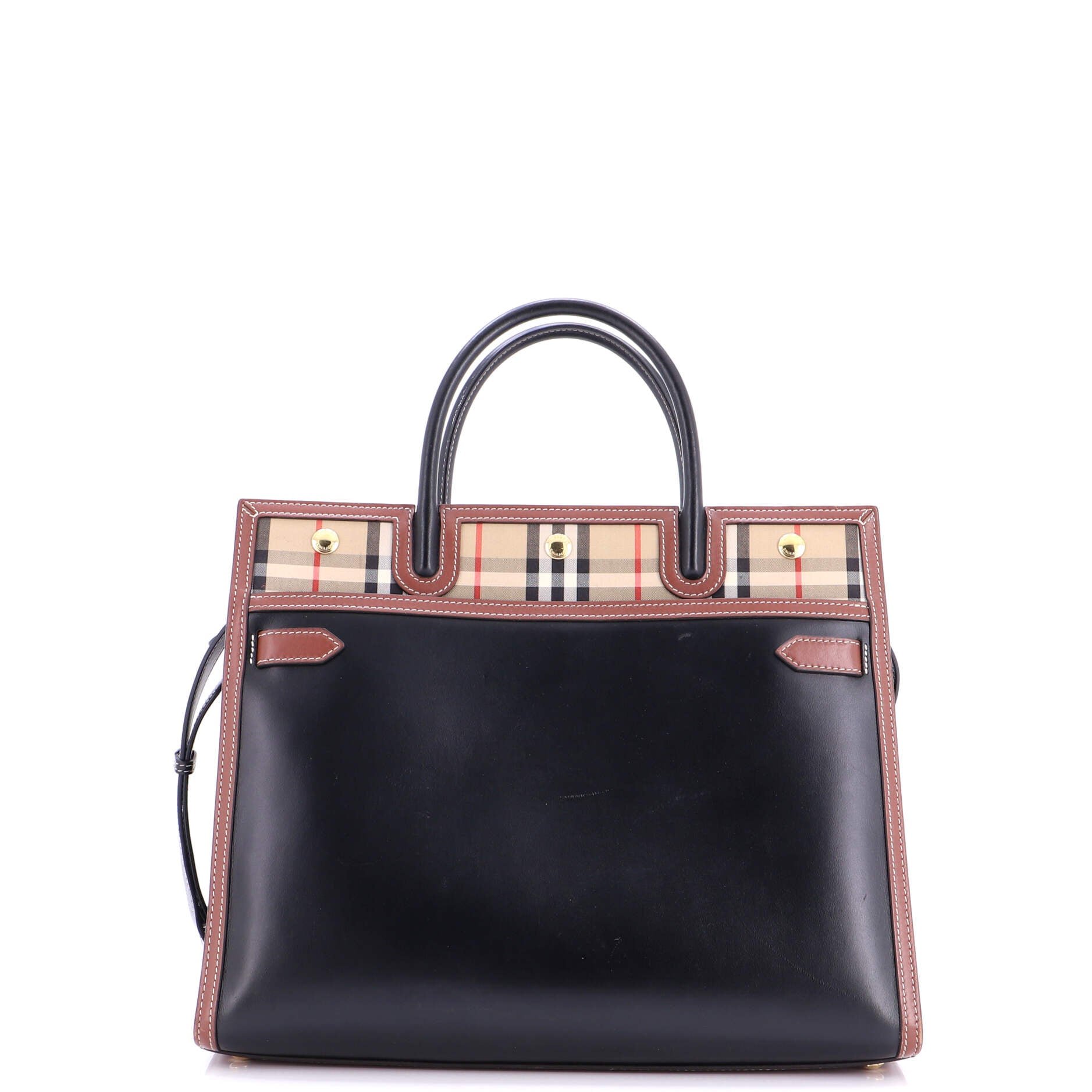 Title Two Handle Tote Leather with Vintage Check Canvas Medium