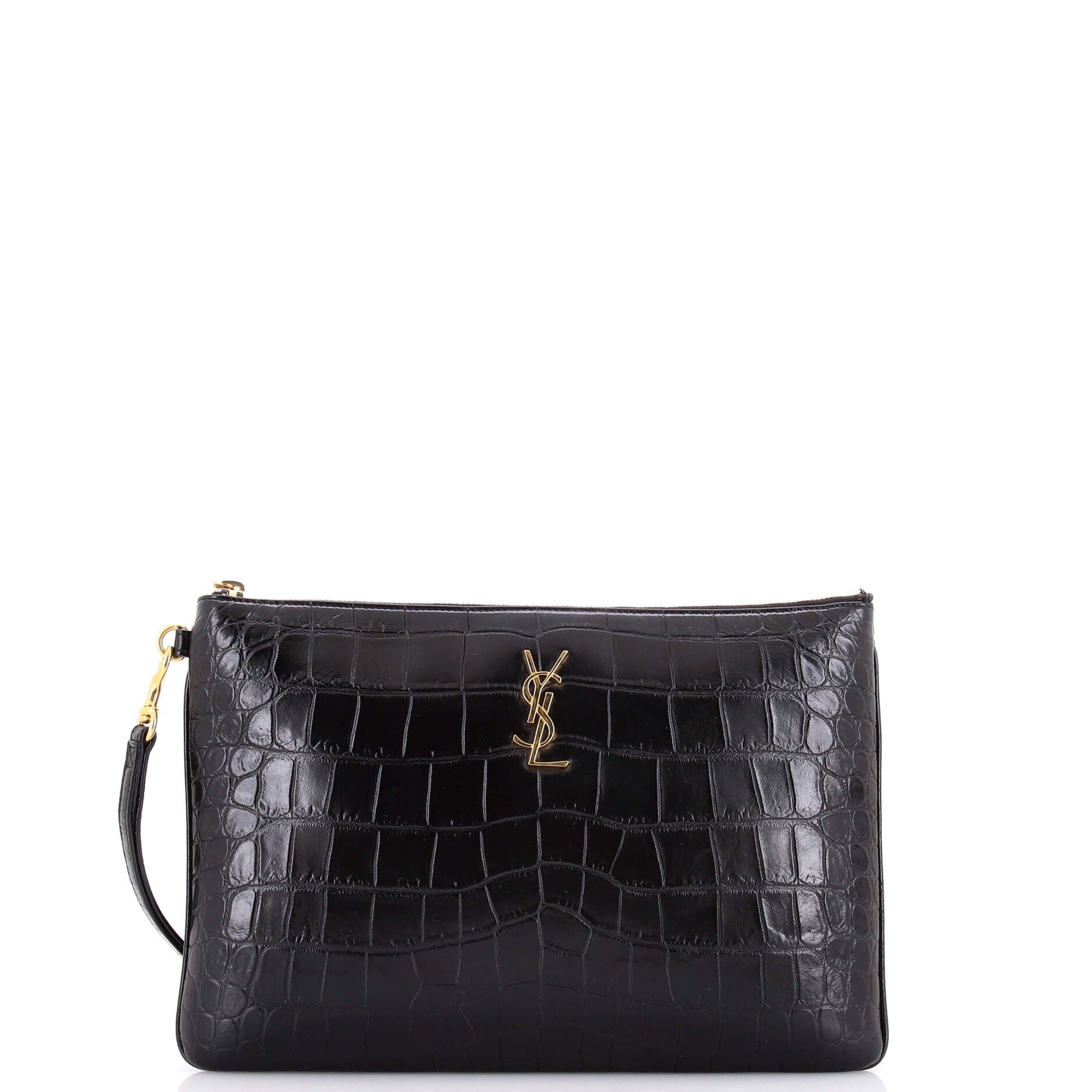 Classic Monogram Tablet Wristlet Pouch Crocodile Embossed Leather