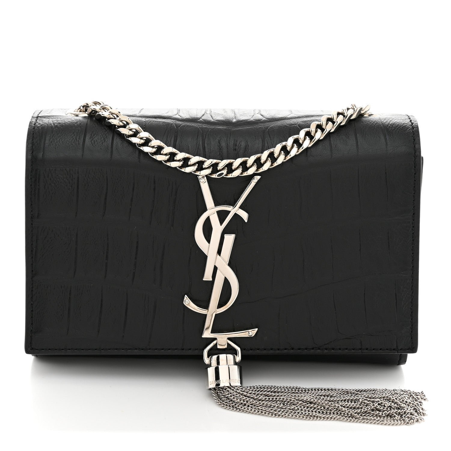 Saint Laurent Calfskin Crocodile Embossed Small Classic Monogram Kate Tassel Satchel Black
