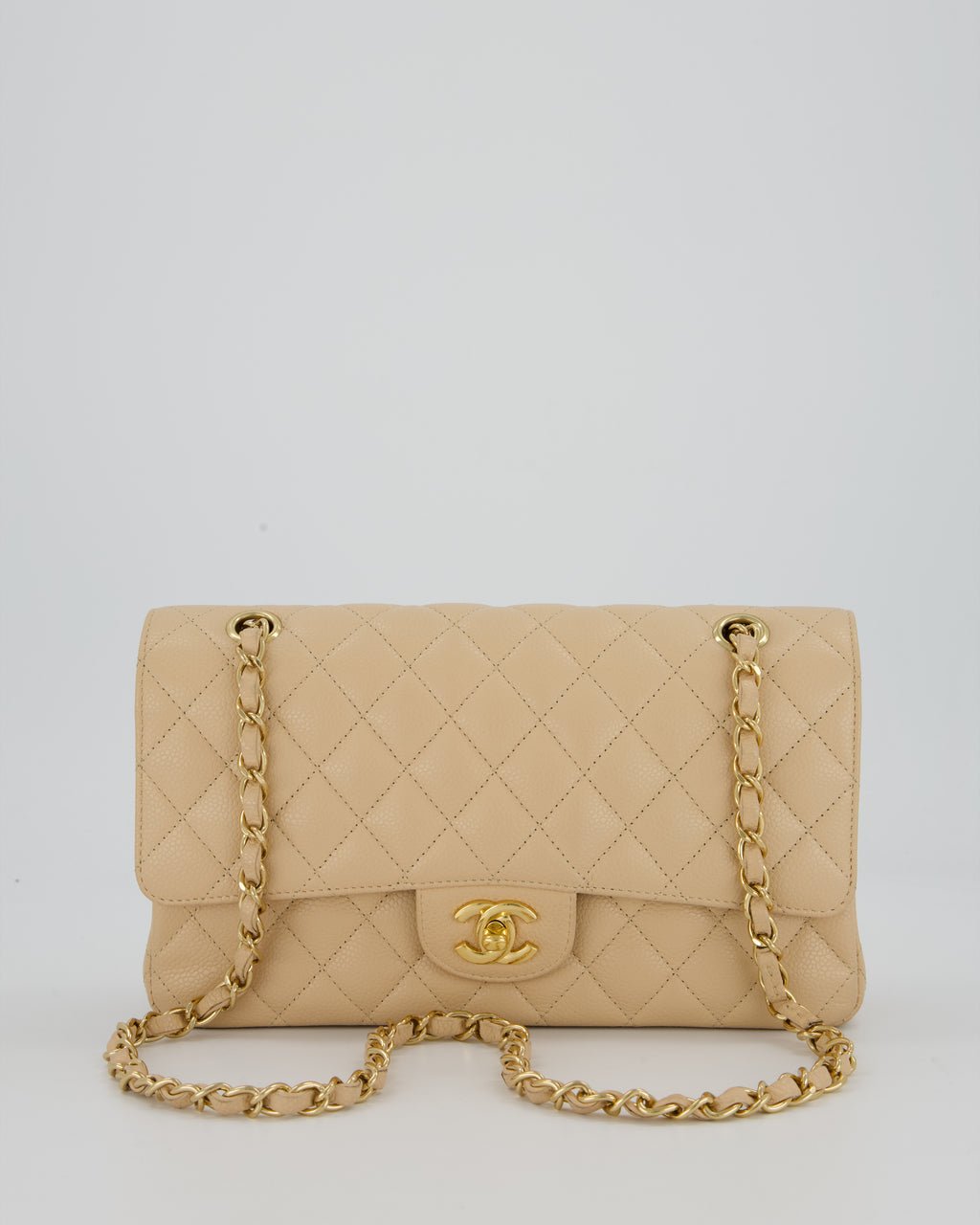 Chanel Beige Classic Medium Double Flap Bag in Caviar Leather with Champagne Gold Hardware
