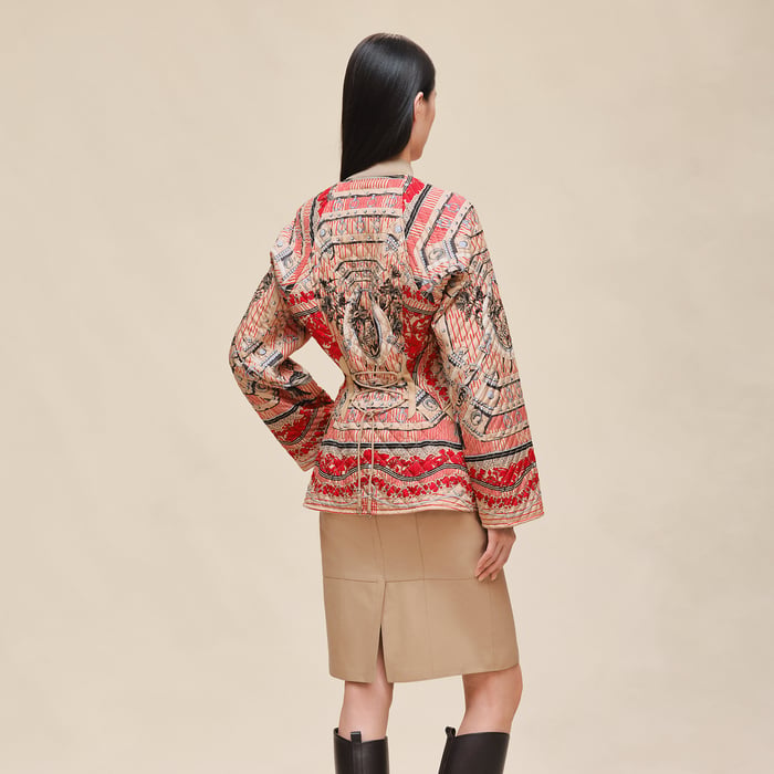 Beige Cajou "Aux Champs En Fleurs Raye" Mixed Leather Mat Equestrian Jacket