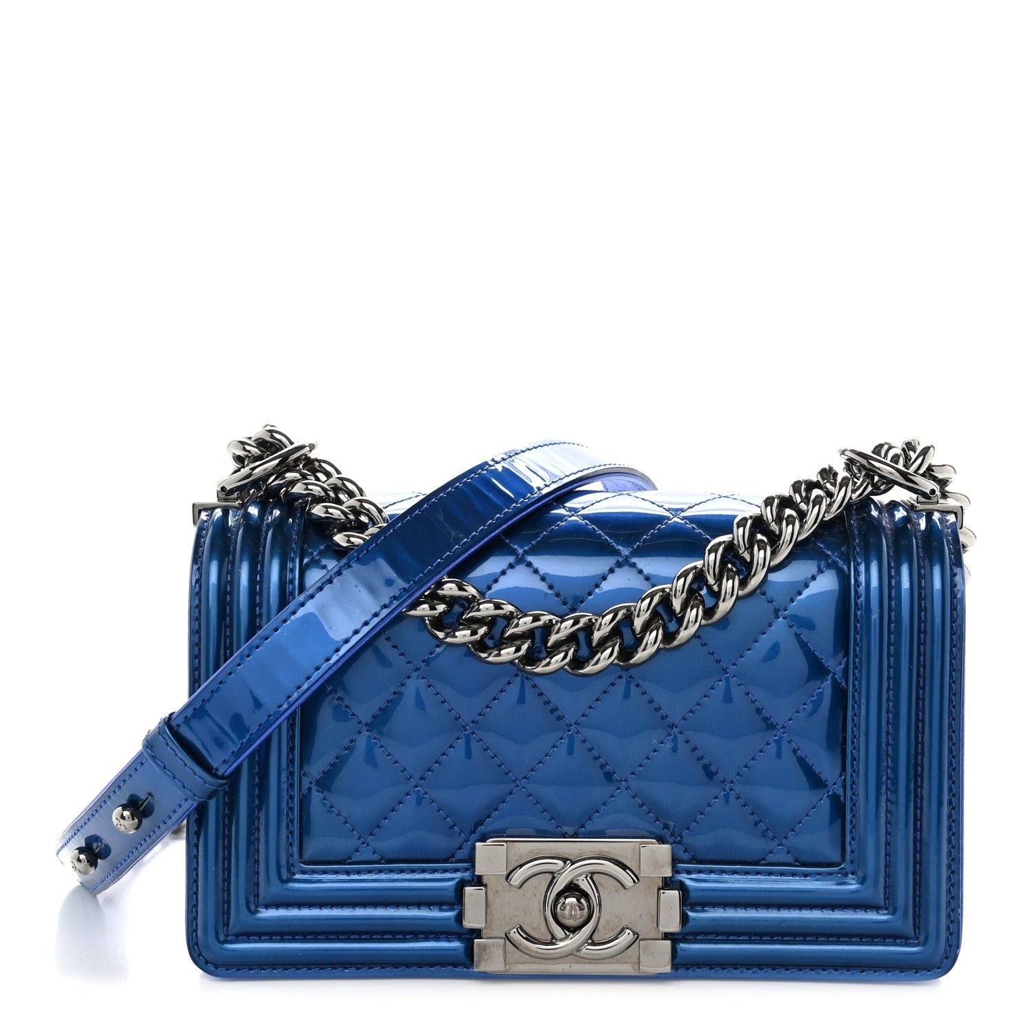 Chanel Metallic Patent Calfskin Quilted Small Boy Flap Blue