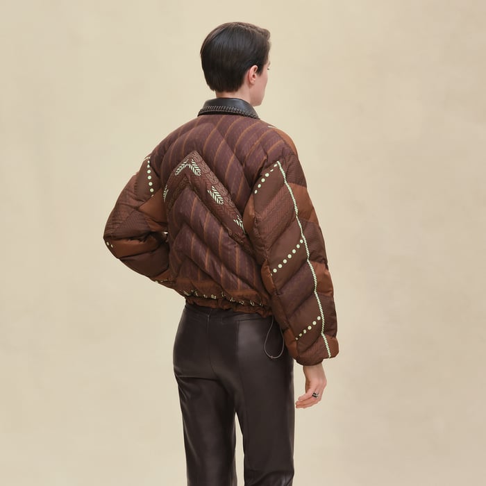 Marron Bois "Dressage Tressage" Mixed Leather Short Puffer Coat