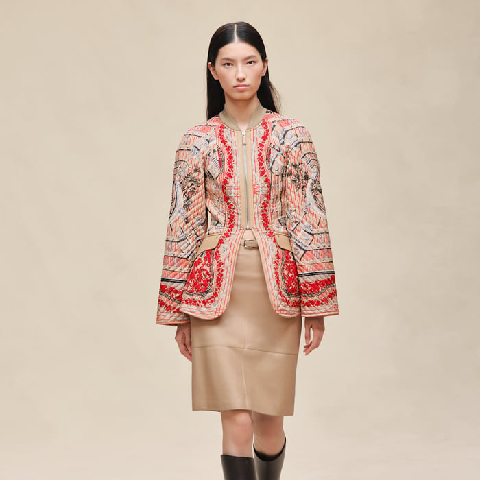 Beige Cajou "Aux Champs En Fleurs Raye" Mixed Leather Mat Equestrian Jacket