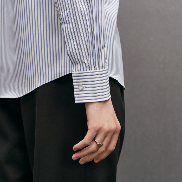 Bleu "Rayures Rythmees" Fitted Shirt With Faubourg Collar