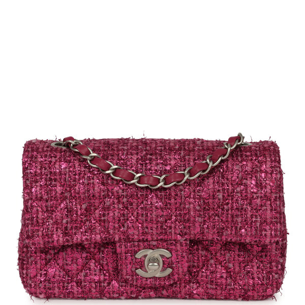 Chanel Mini Rectangular Flap Bag Dark Pink Metallic Tweed Bouclé Brushed Silver Hardware