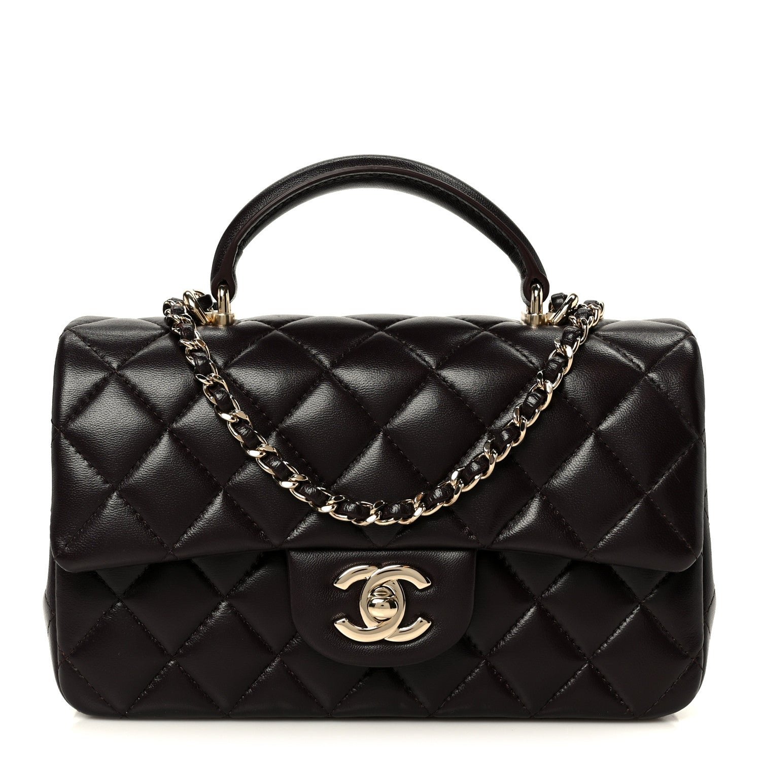 Chanel Lambskin Quilted Mini Top Handle Rectangular Flap Dark Brown