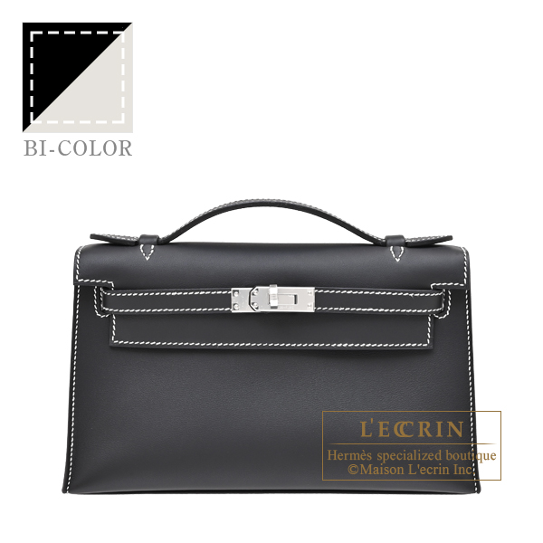 Hermes Personal Kelly pochette Black/Pearl grey Swift leather Silver hardware White stitch