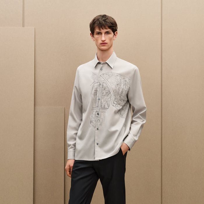 Gris "Broderie Cheval" Straight Cut Shirt With Louis Collar