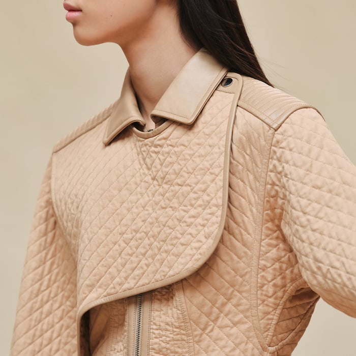 Beige Cajou Short Coat With Leather Details