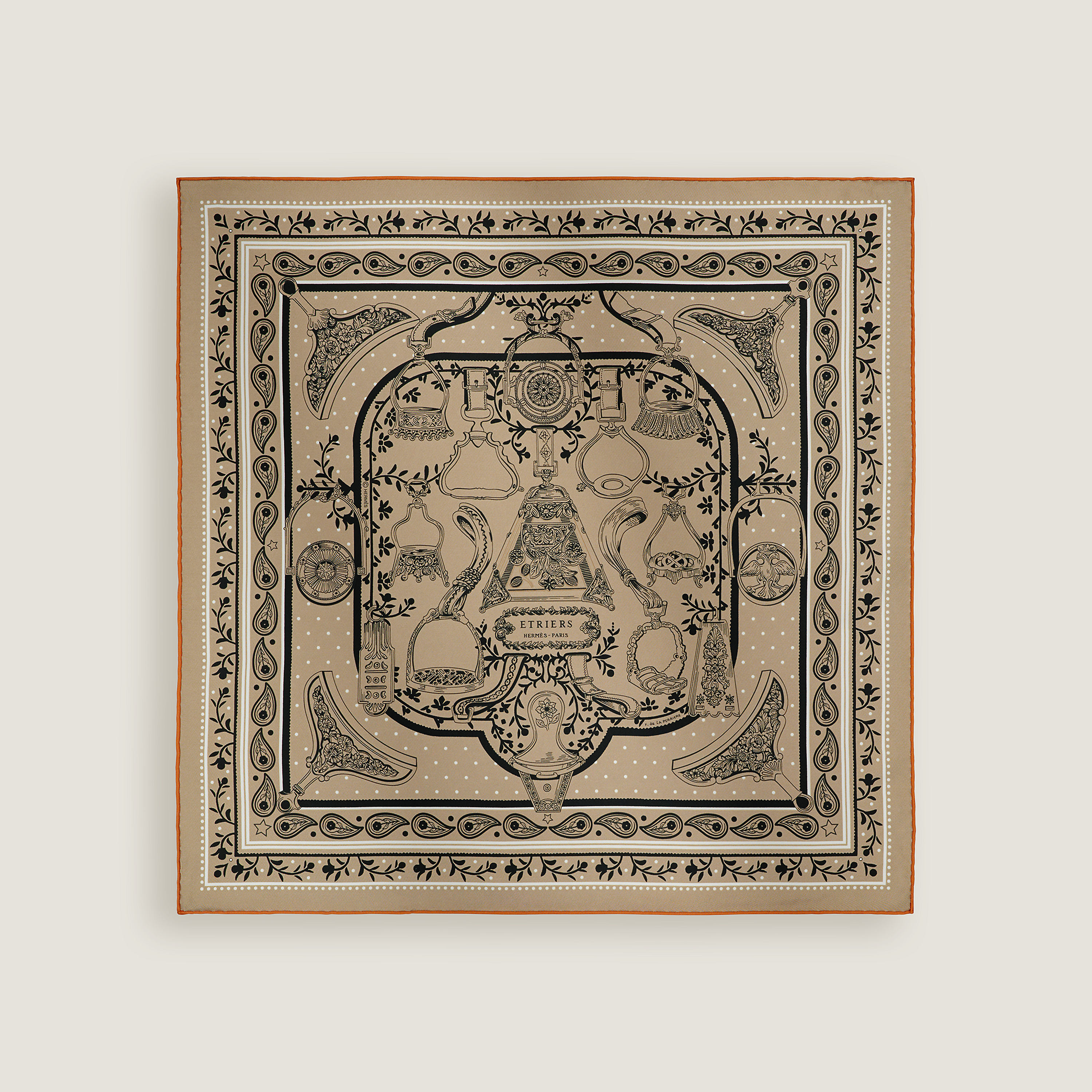 Hermès Etriers Remix bandana 55 Beige Doré/Noir/Blanc | BagUSeek