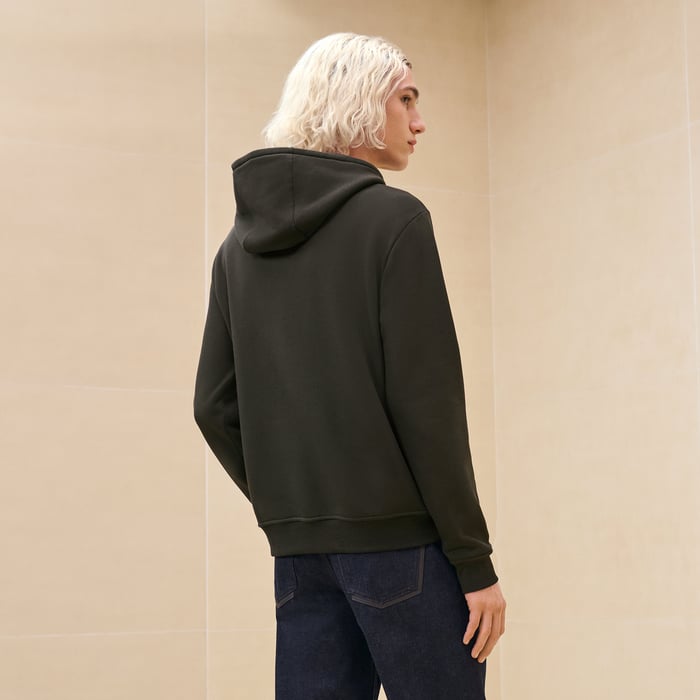 Kaki "Metallerie Au Carre" Hooded Sweater With Leather Detail