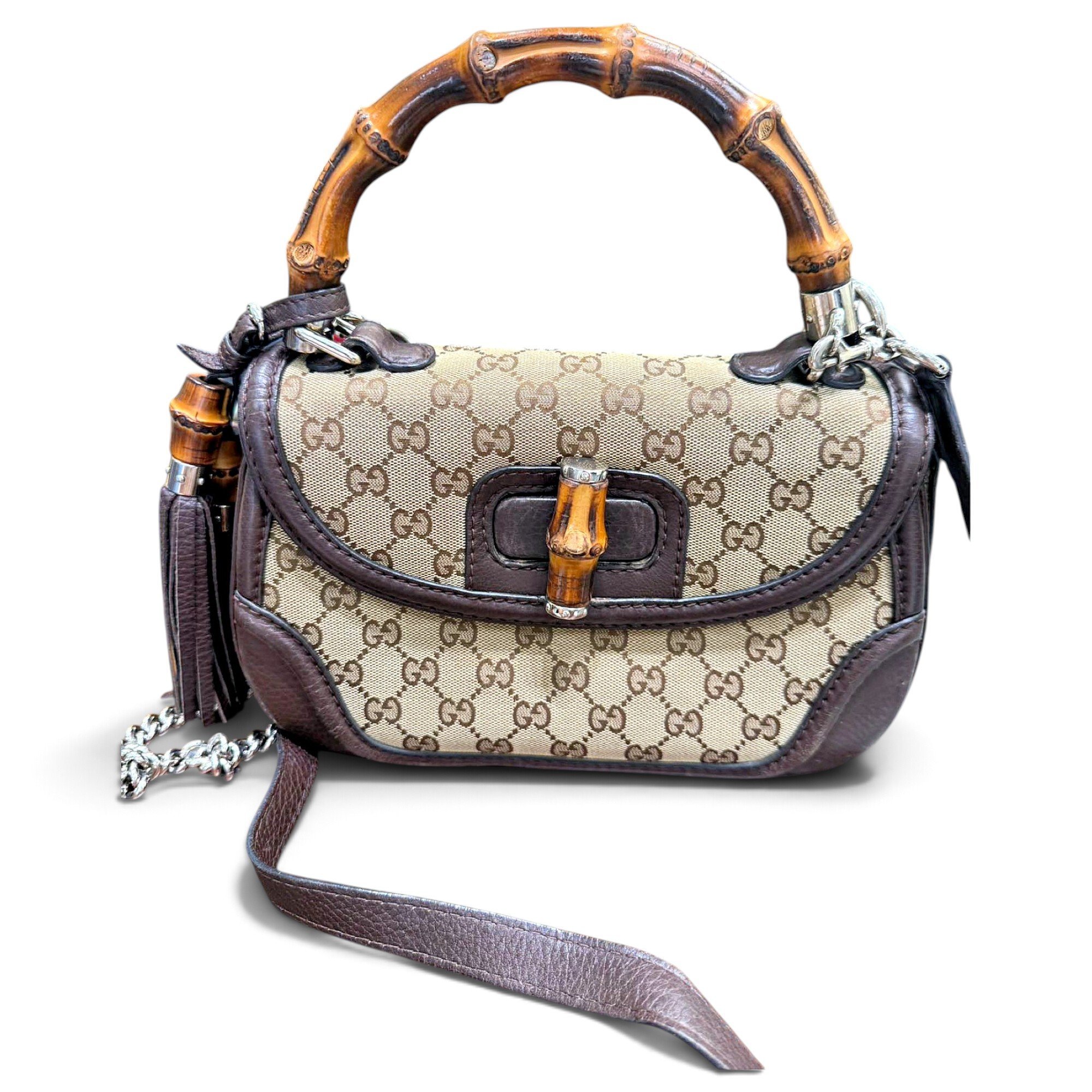 Convertible Pompon Bamboo Top Handle leather crossbody bag