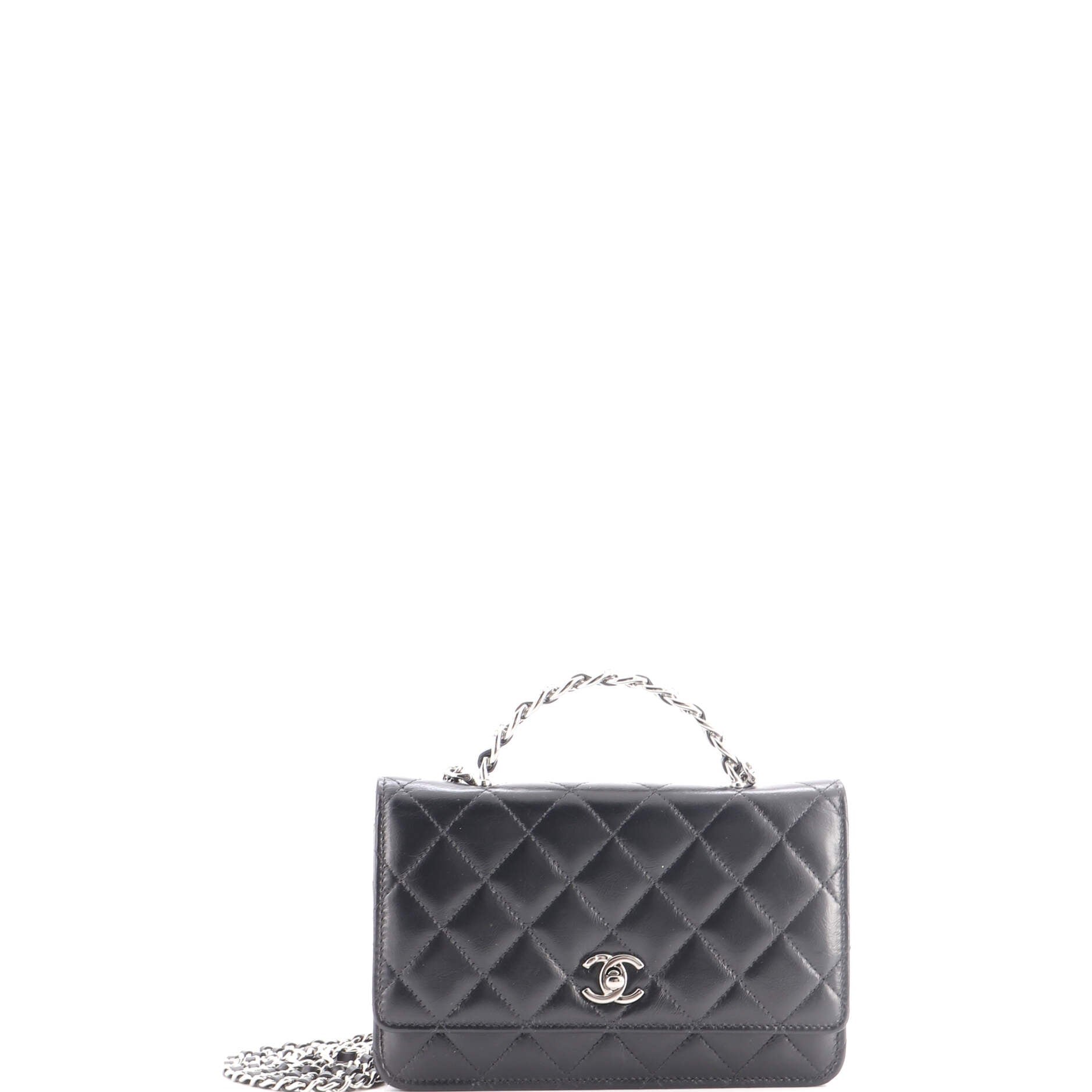 Top Handle Phone Holder with Chain Quilted Shiny Calfskin with Crystals