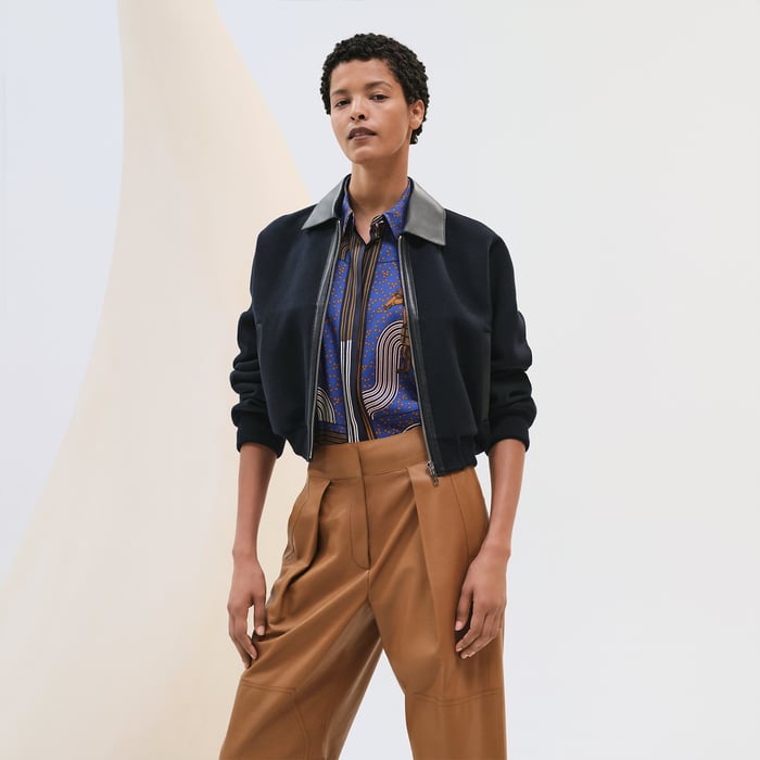 Bleu Noir Cashmere Bomber Jacket With Leather Detail