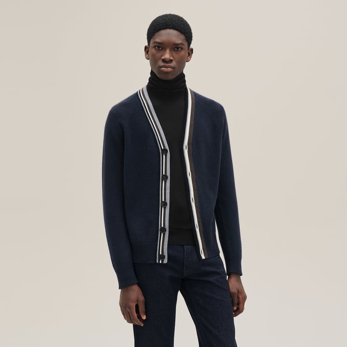 Marine Cashmere "Rayures Asymetriques" Buttoned Cardigan