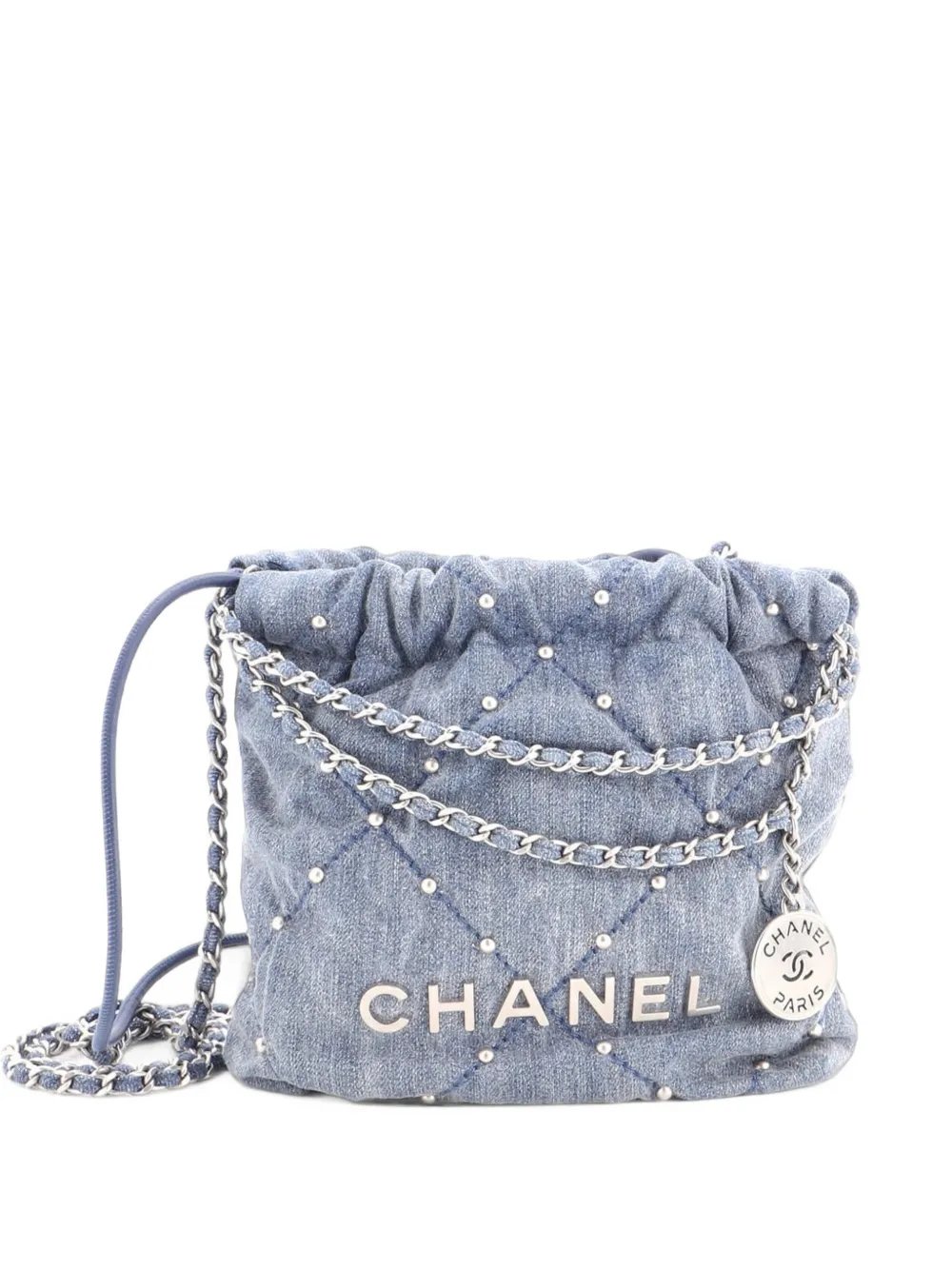 22 Chain Quilted Studded Denim Mini hobo bag