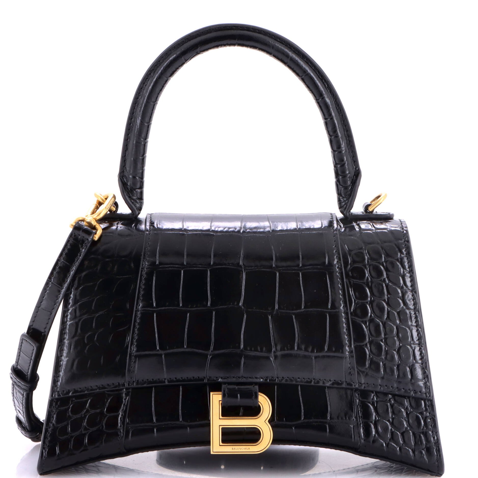 Hourglass Top Handle Bag Crocodile Embossed Leather Small