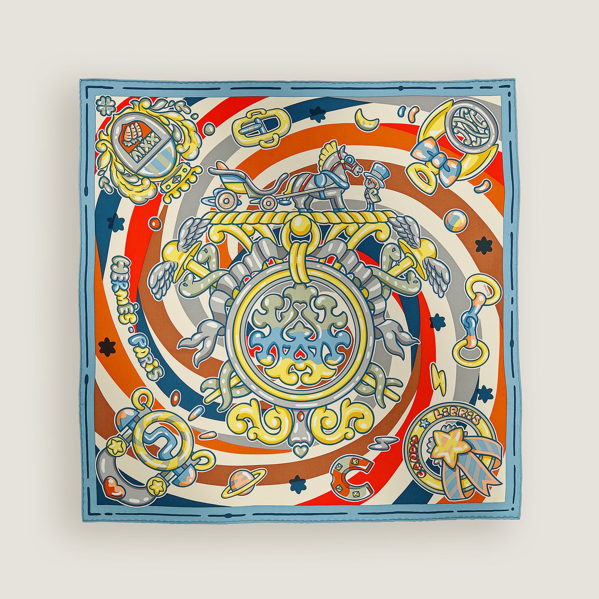 Hermès Candy Libris scarf 70 Bleu Jean/Gris/Jaune | BagUSeek