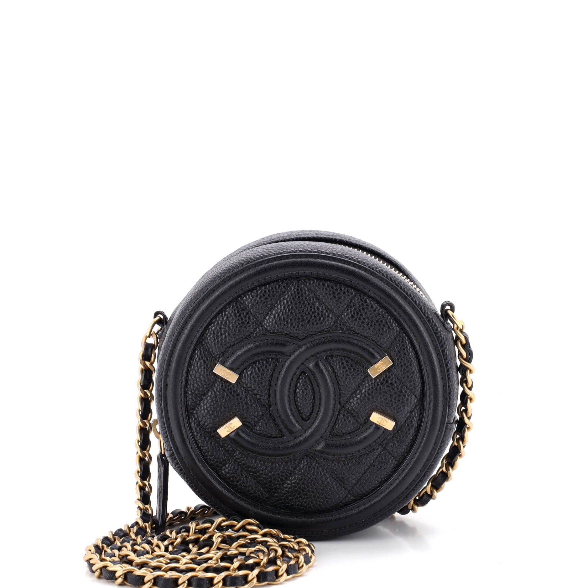 Filigree Round Clutch with Chain Quilted Caviar Mini