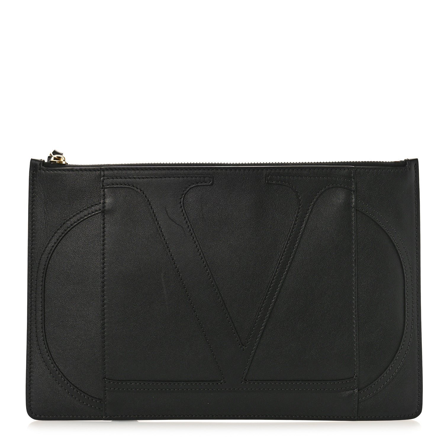 Valentino Garavani Calfskin VLogo Stitched Inlay Zip Pouch Black