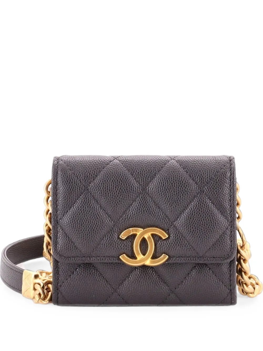 Plate Logo CC Flap Card Holder on Chain Quilted Caviar Mini crossbody bag