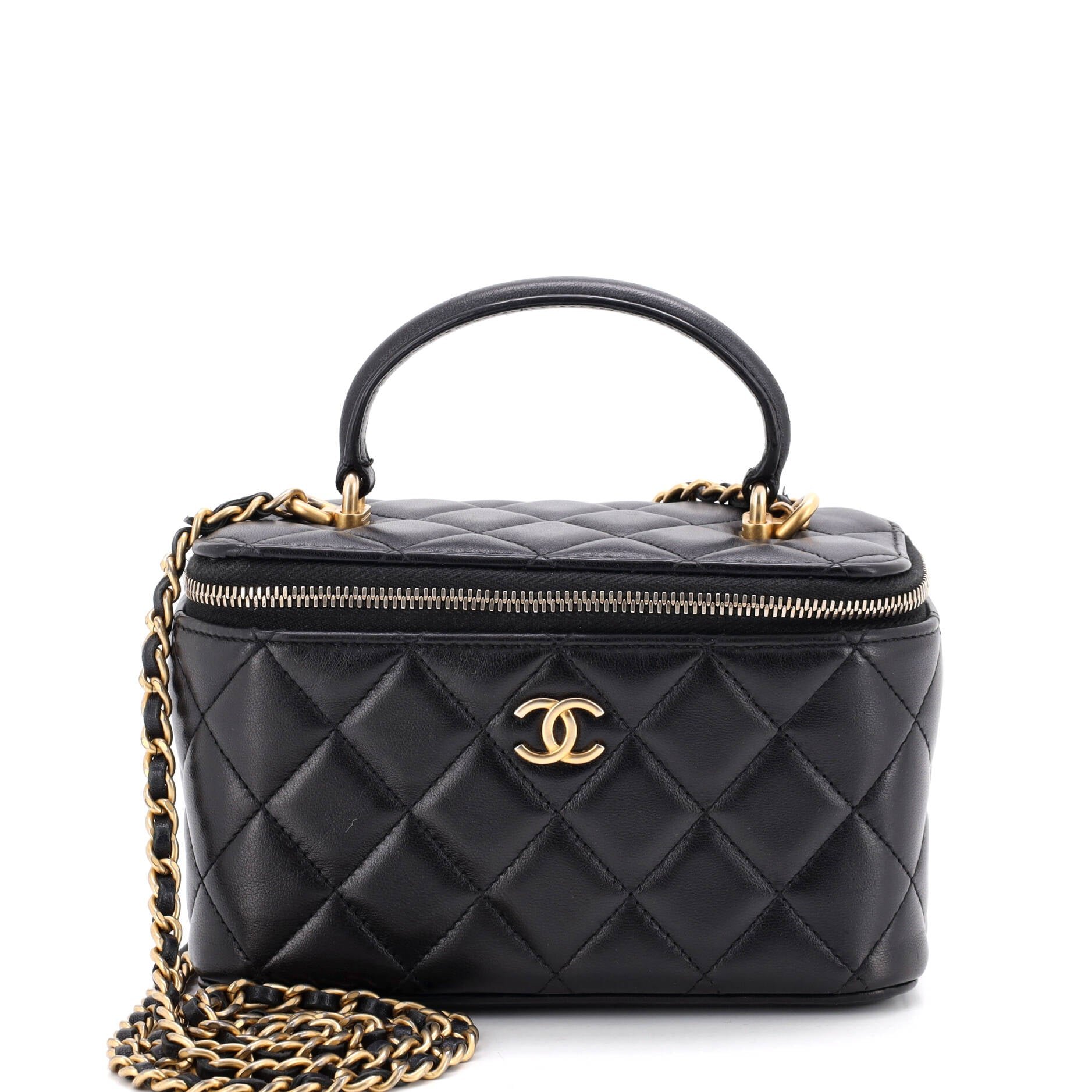 Classic Top Handle Vanity Case with Chain Quilted Lambskin Small