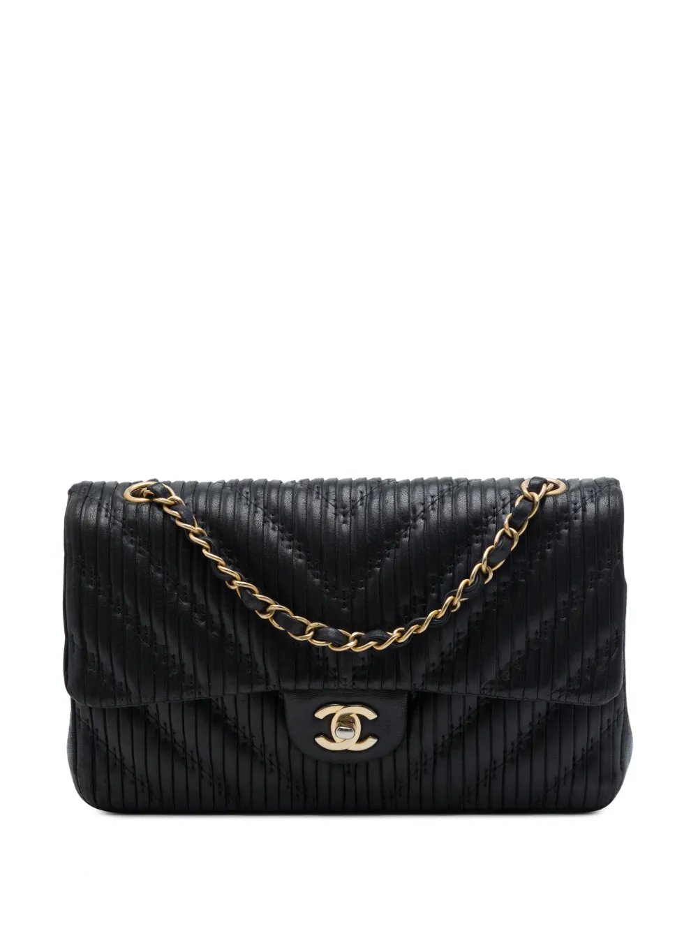 2018 Medium Classic Chevron Calfskin Pleated Double Flap shoulder bag
