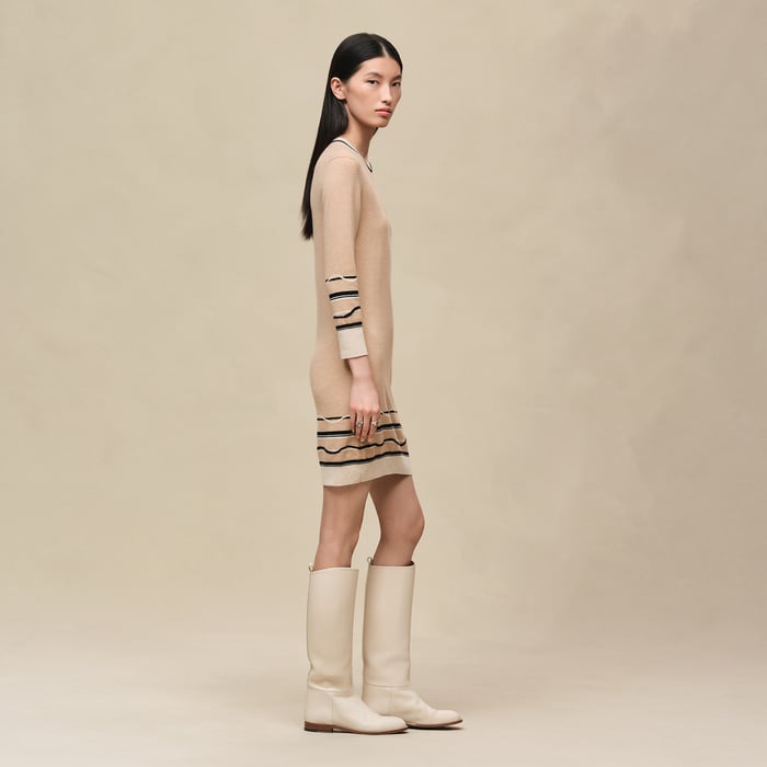 Beige Cajou "Ex-libris" 3/4-sleeve Dress