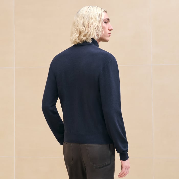 Marine Cashmere "Detail Cuir" Full-zip Sweater