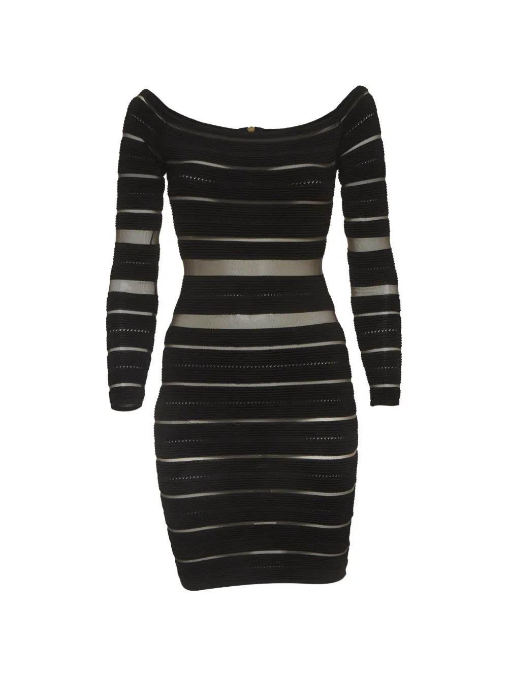 sheer-striped off-shoulder mini dress