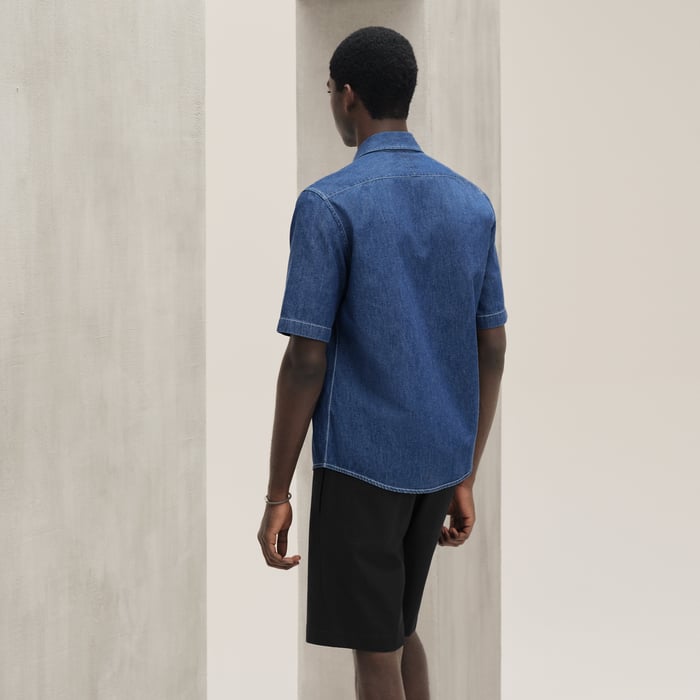 Indigo Lavé Short-sleeve Straight Cut Denim Shirt With Detail