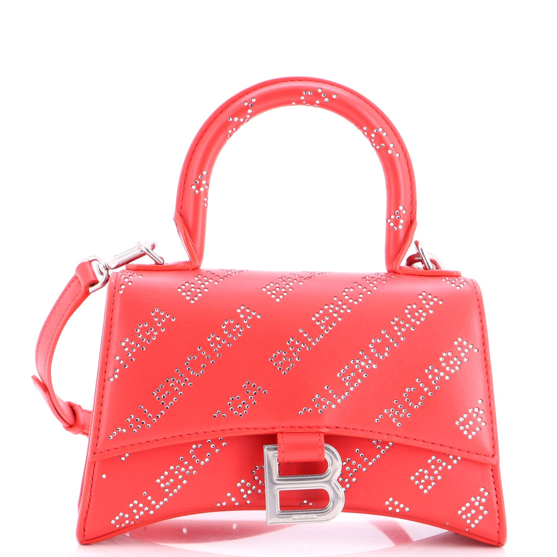 Hourglass Top Handle Bag Leather with Allover Logo Crystals XS