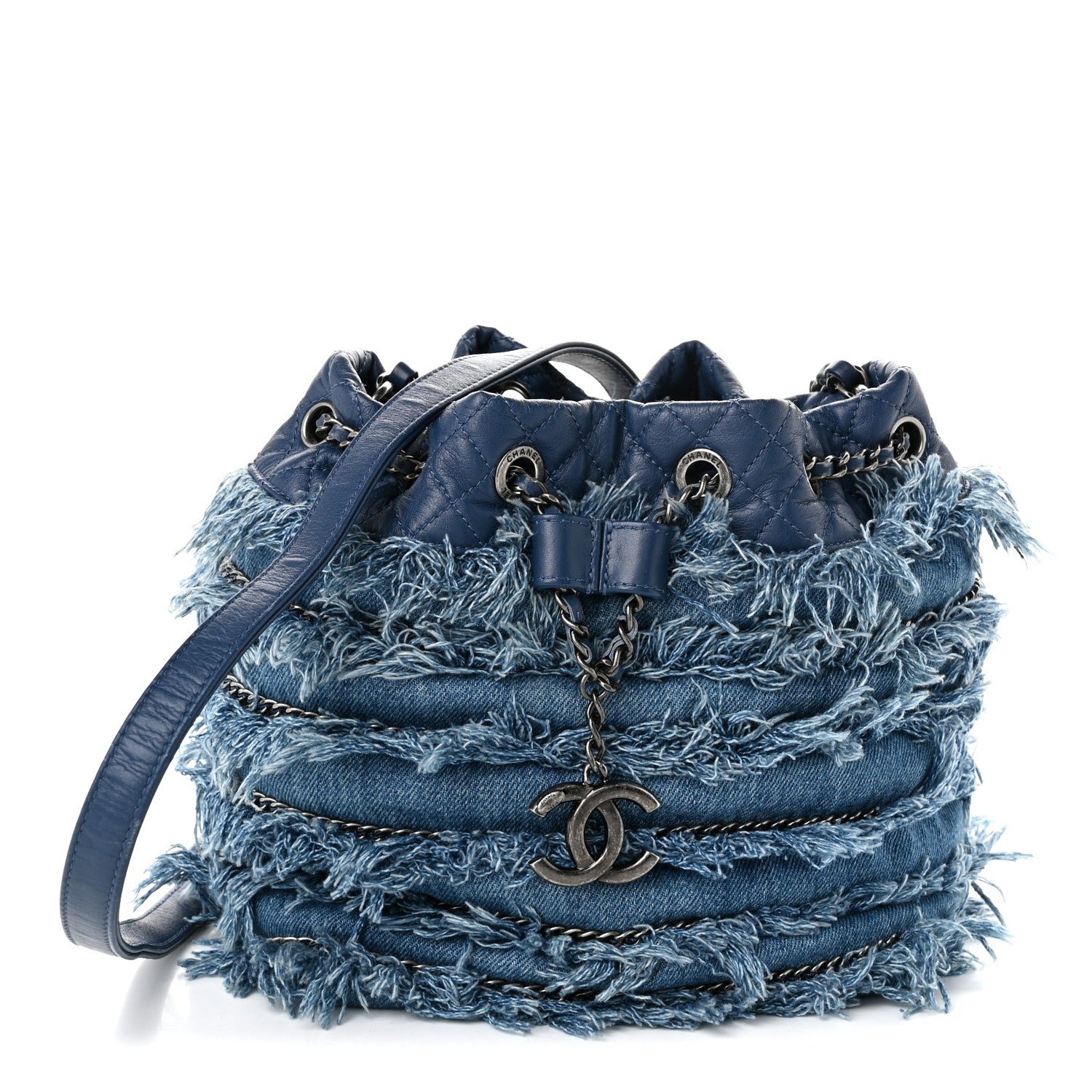 Chanel Calfskin Denim Fringe Chains CC Drawstring Bucket Bag Blue