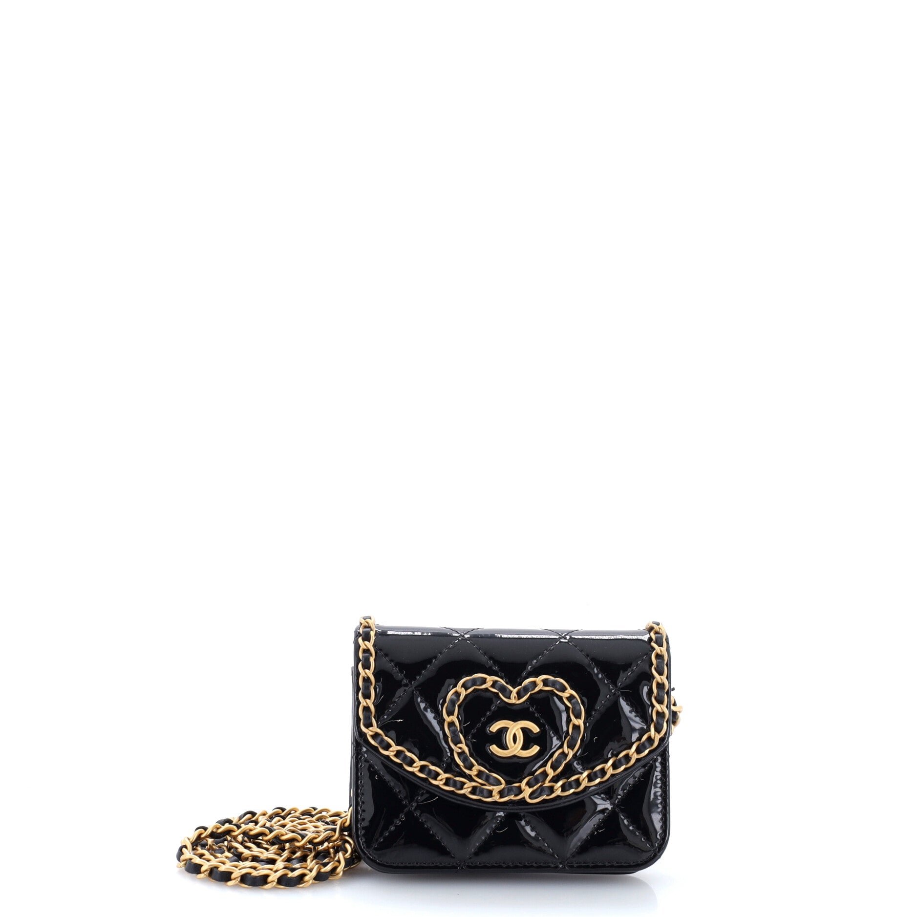 Heart Chain Flap Bag Quilted Patent Mini