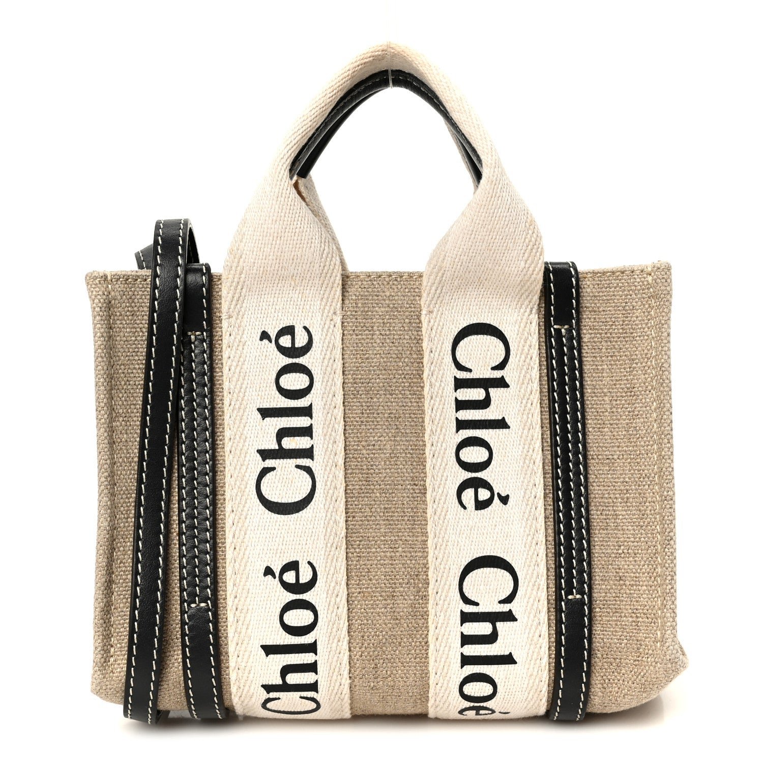 Chloe Linen Calfskin Mini Woody Ribbon Tote White Navy