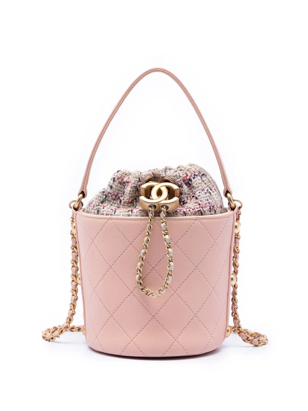 2019 Small CC Calfskin and Tweed Drawstring Bucket Bag satchel