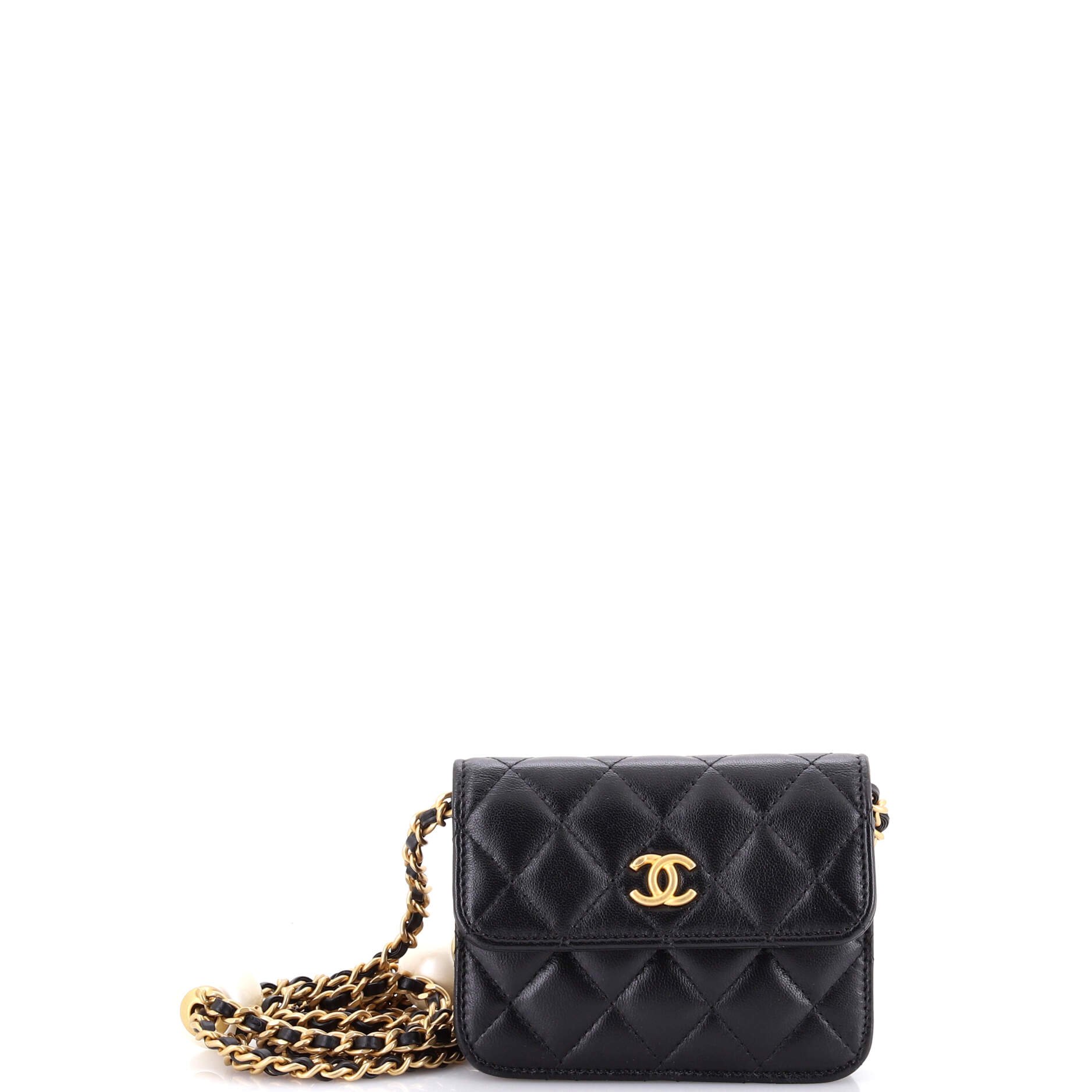Double CC Pearl Card Holder on Chain Quilted Lambskin